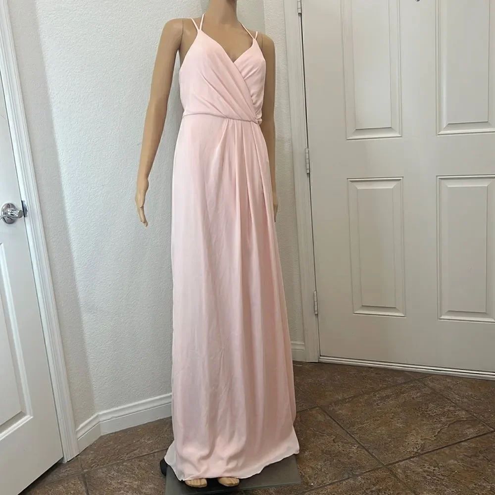 David’s Bridal Sz 4 Wrap Dress in Petal Pink V Neck Maxi Double Strap 31116706